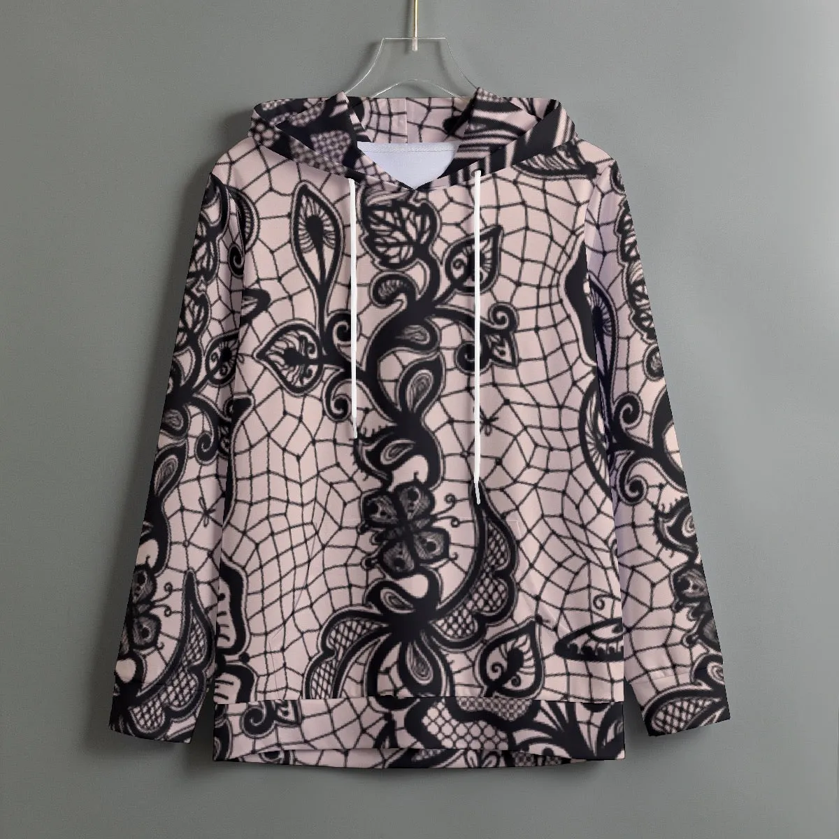 171. All-Over Print Women's Pullover Hoodie With Drawstring pink  and  black lace print