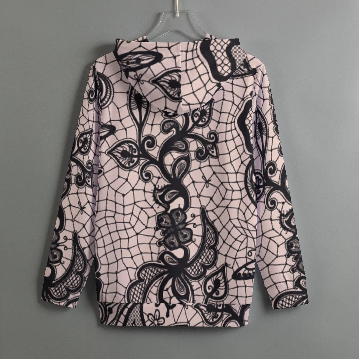 171. All-Over Print Women's Pullover Hoodie With Drawstring pink  and  black lace print