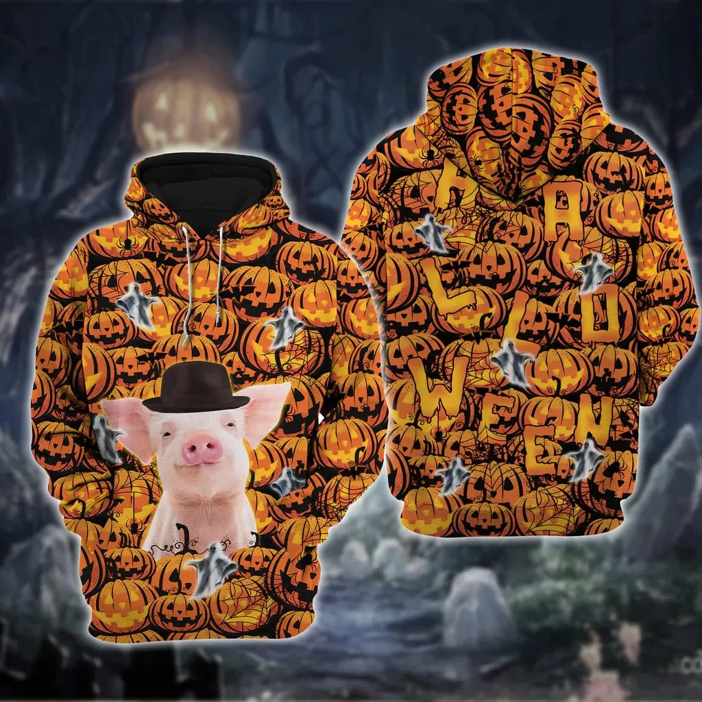 3D All Over Print Pig Halloween Hoodie Pumpkin Autumn Pattern, Halloween Gift For Pig Lovers