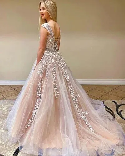 Beautiful Cap Sleeve Lace Prom Dress Long Tulle Evening Party Gowns