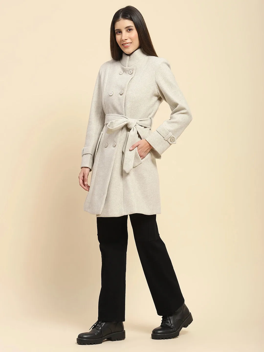 Beige Poly Blend Solid Regular Fit Long Coat For Winter