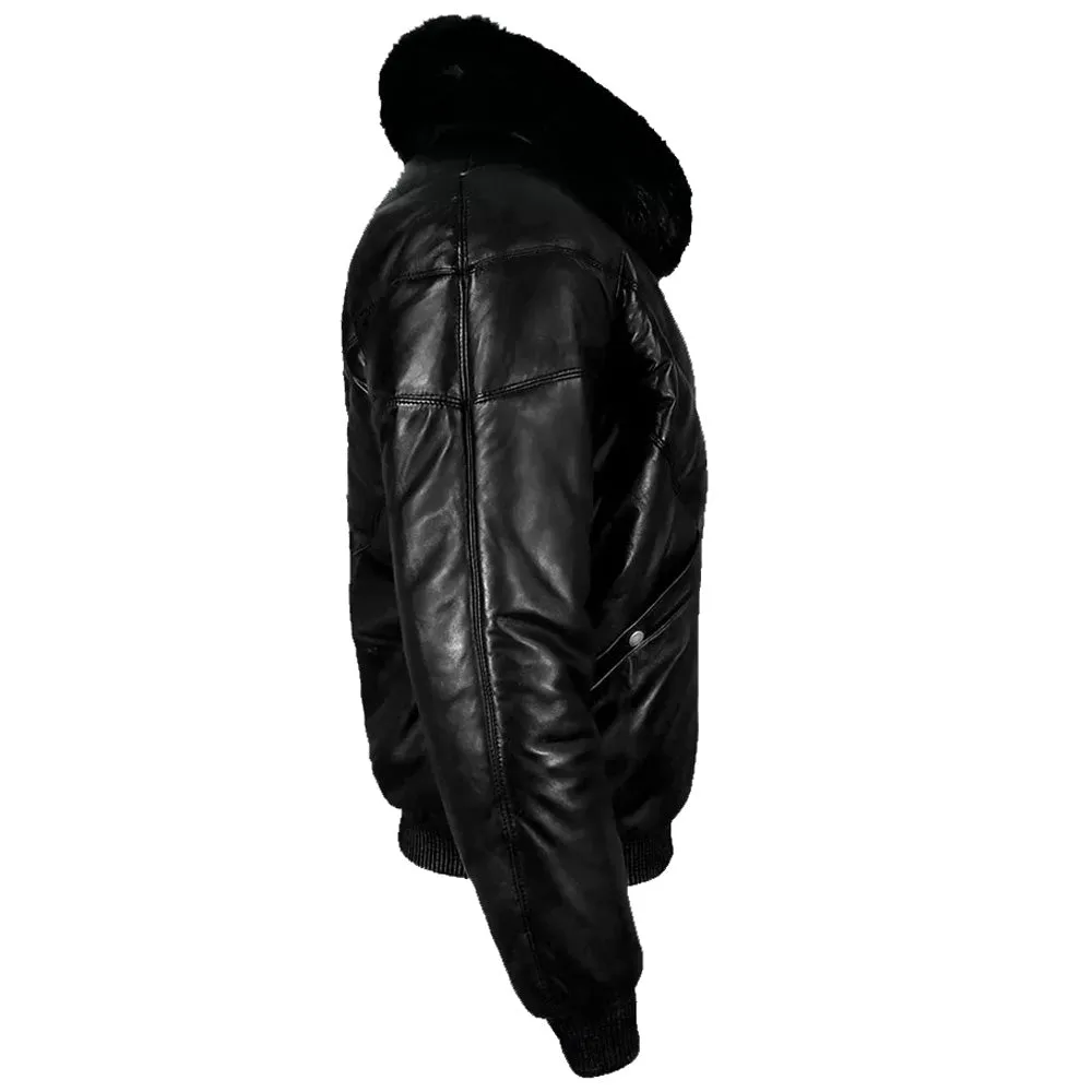 Black Leather V Bomber Jacket with Fur - Leather Down Jacket