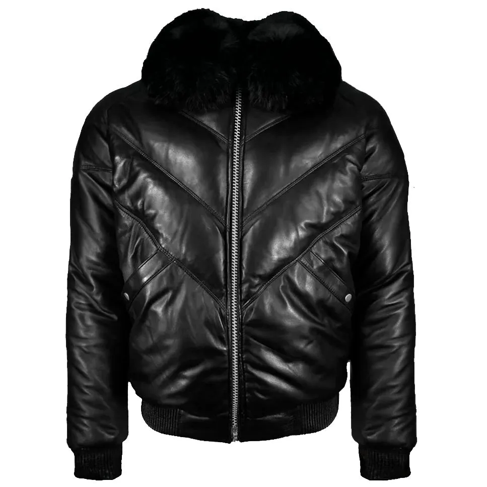 Black Leather V Bomber Jacket with Fur - Leather Down Jacket