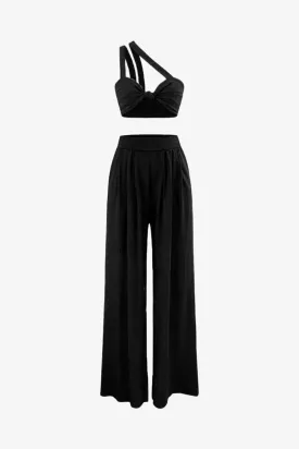 Black One Shoulder Crop Top And Palazzo Pants Set