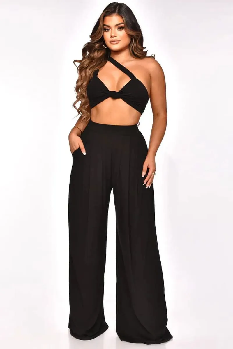 Black One Shoulder Crop Top And Palazzo Pants Set