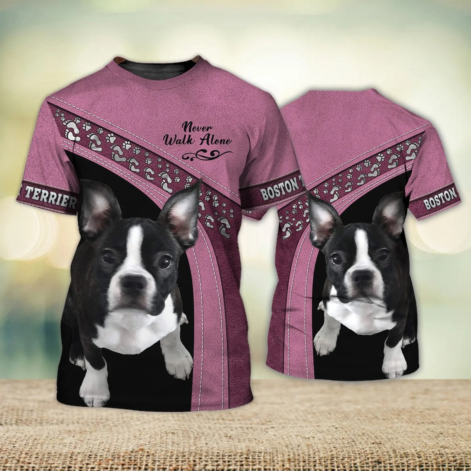 Boston Terrier Pink Love Never Walk Alone 3D Full Print Shirts, Dog Memorial Gifts for loss of Dog