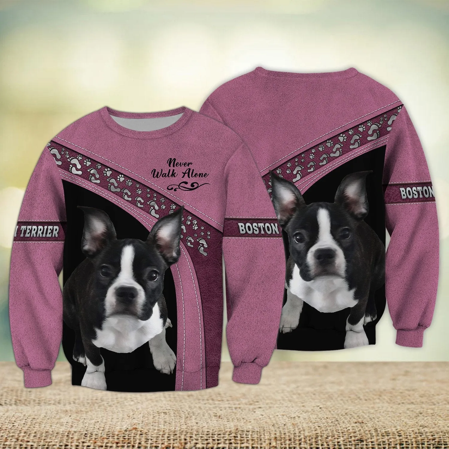 Boston Terrier Pink Love Never Walk Alone 3D Full Print Shirts, Dog Memorial Gifts for loss of Dog