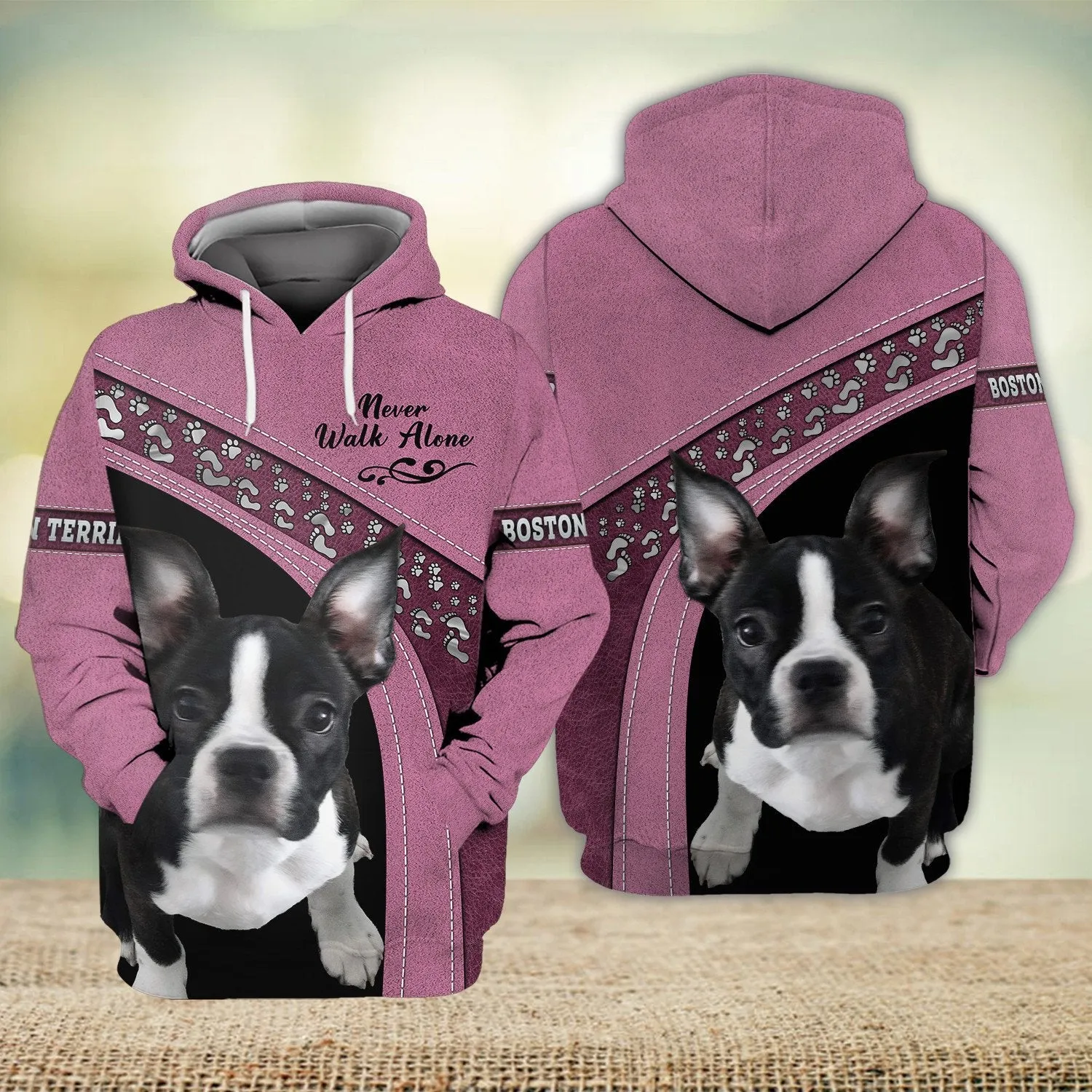 Boston Terrier Pink Love Never Walk Alone 3D Full Print Shirts, Dog Memorial Gifts for loss of Dog