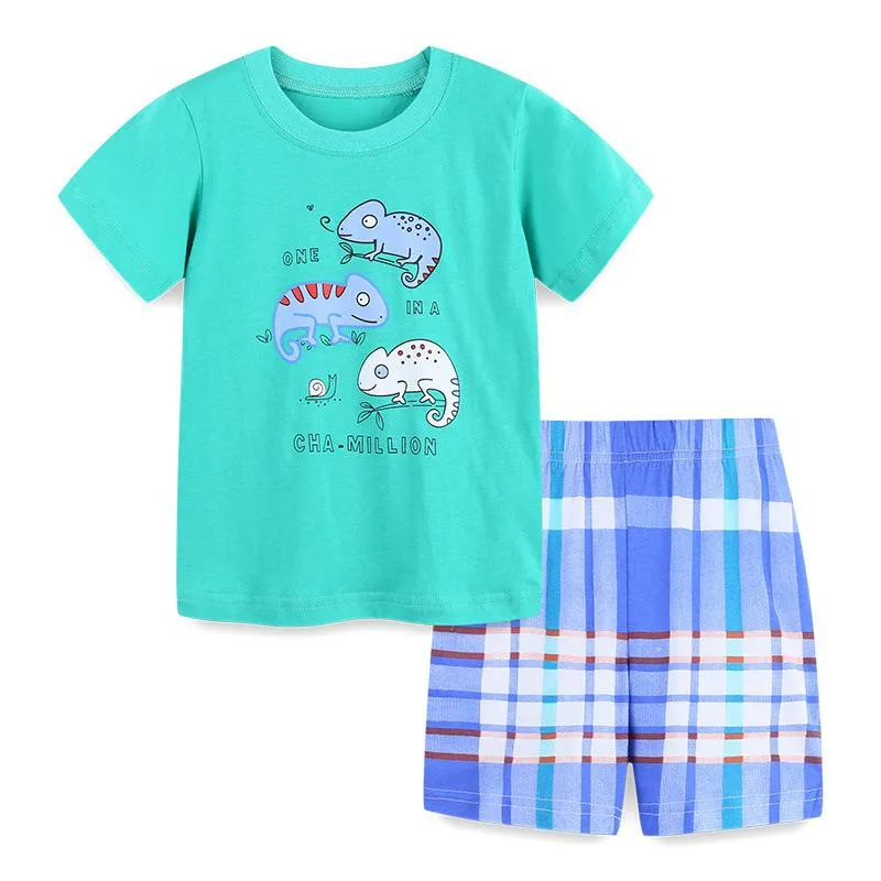 Boy's Cartoon Print Tee with Plaid Shorts Set