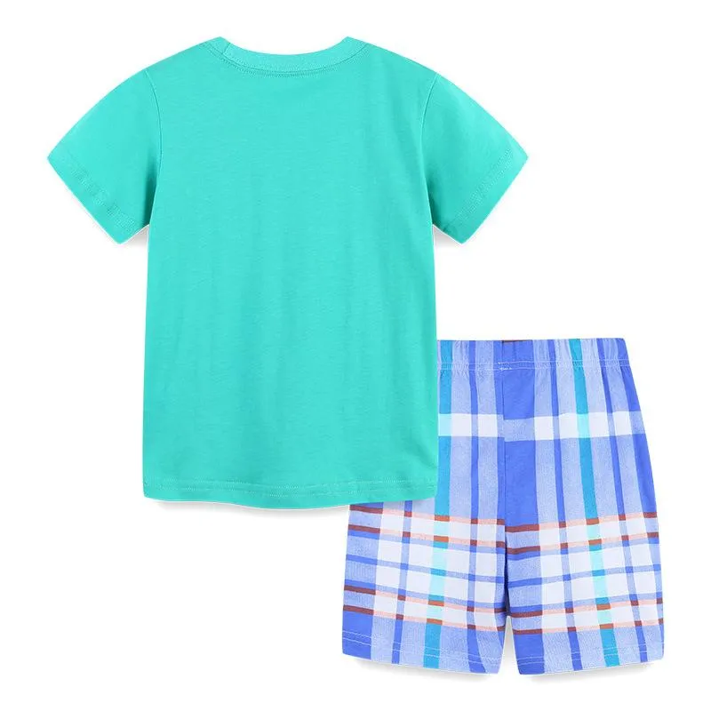 Boy's Cartoon Print Tee with Plaid Shorts Set