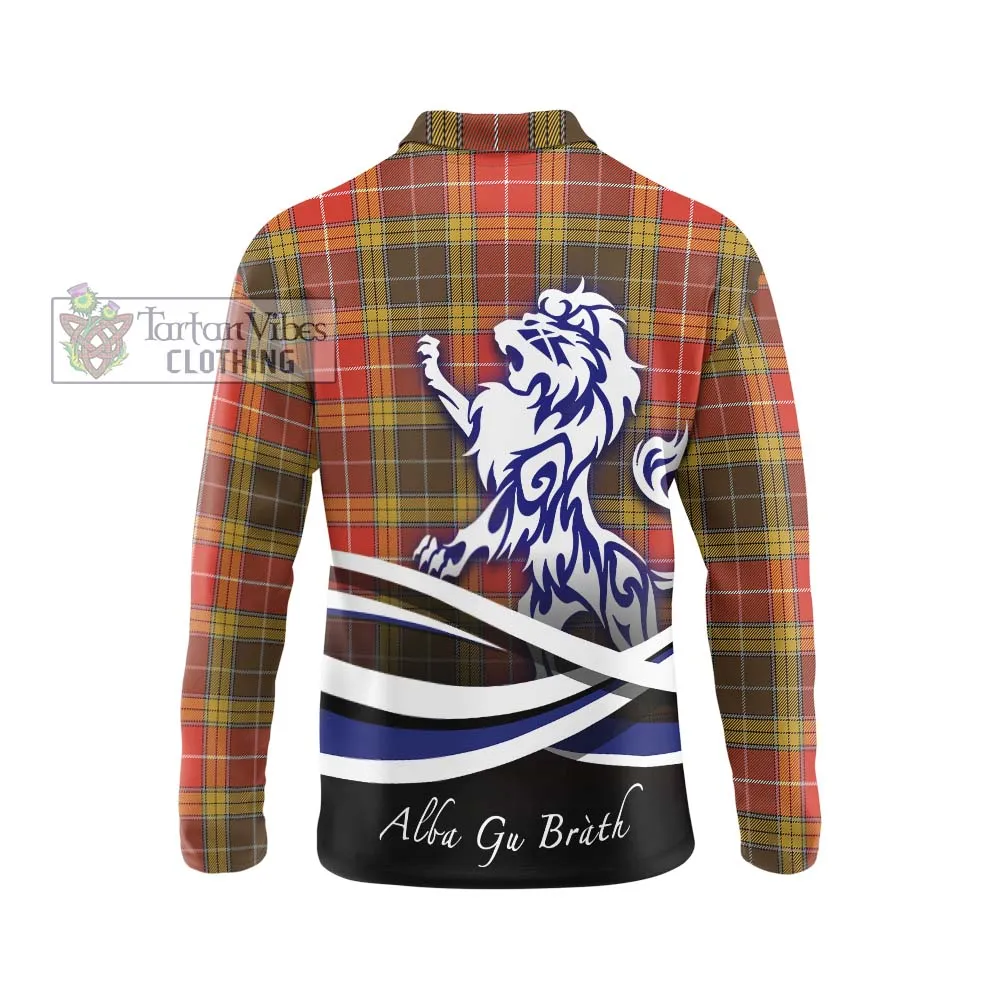 Buchanan Old Set Weathered Tartan Long Sleeve Polo Shirt with Alba Gu Brath Regal Lion Emblem