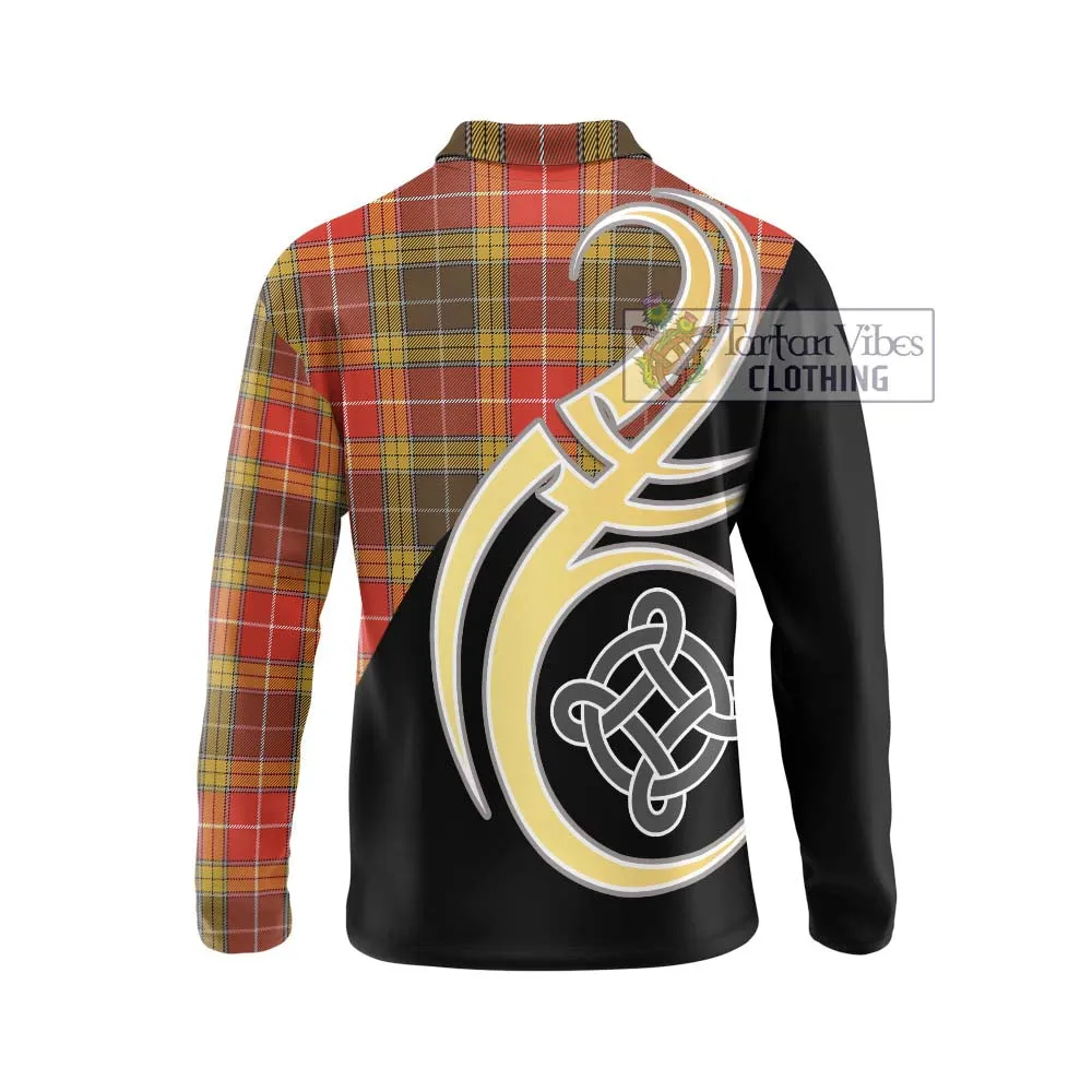 Buchanan Old Set Weathered Tartan Long Sleeve Polo Shirt with Family Crest and Celtic Symbol Style