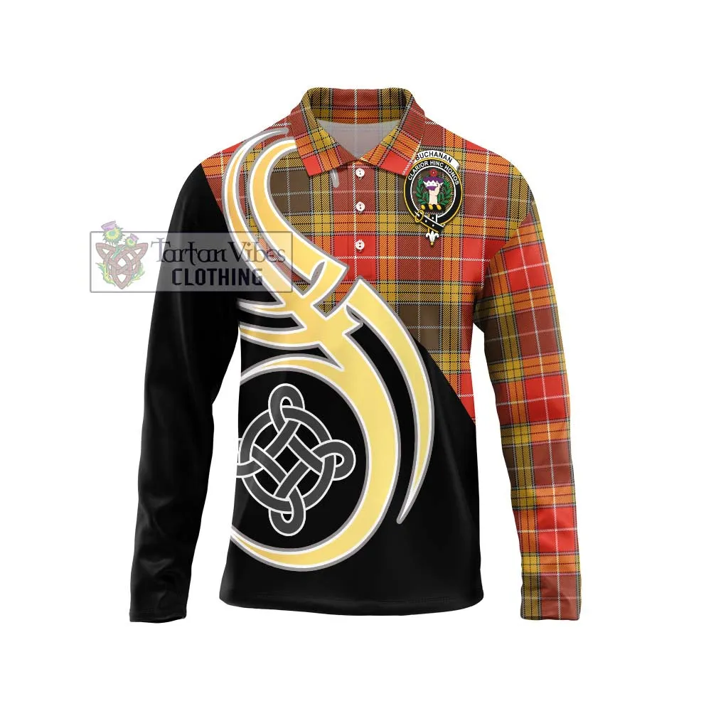 Buchanan Old Set Weathered Tartan Long Sleeve Polo Shirt with Family Crest and Celtic Symbol Style