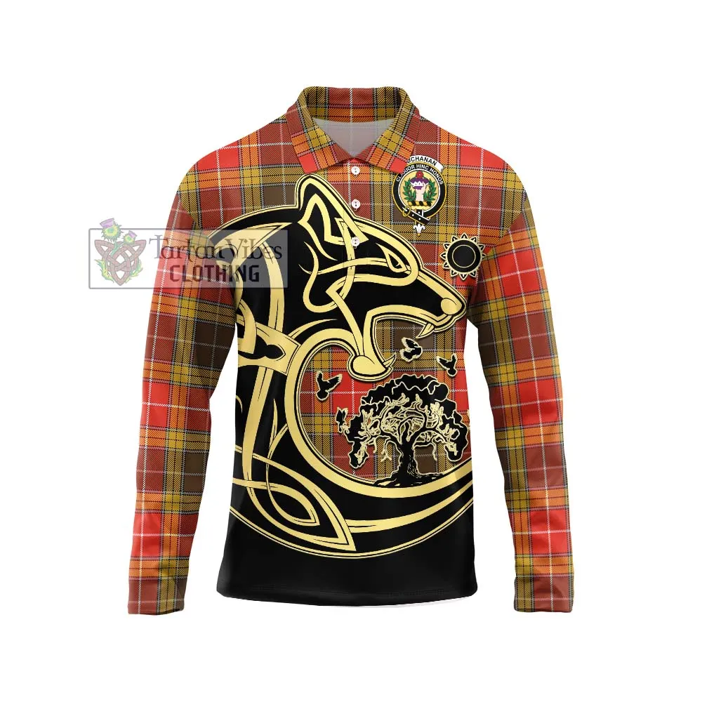 Buchanan Old Set Weathered Tartan Long Sleeve Polo Shirt with Family Crest Celtic Wolf Style