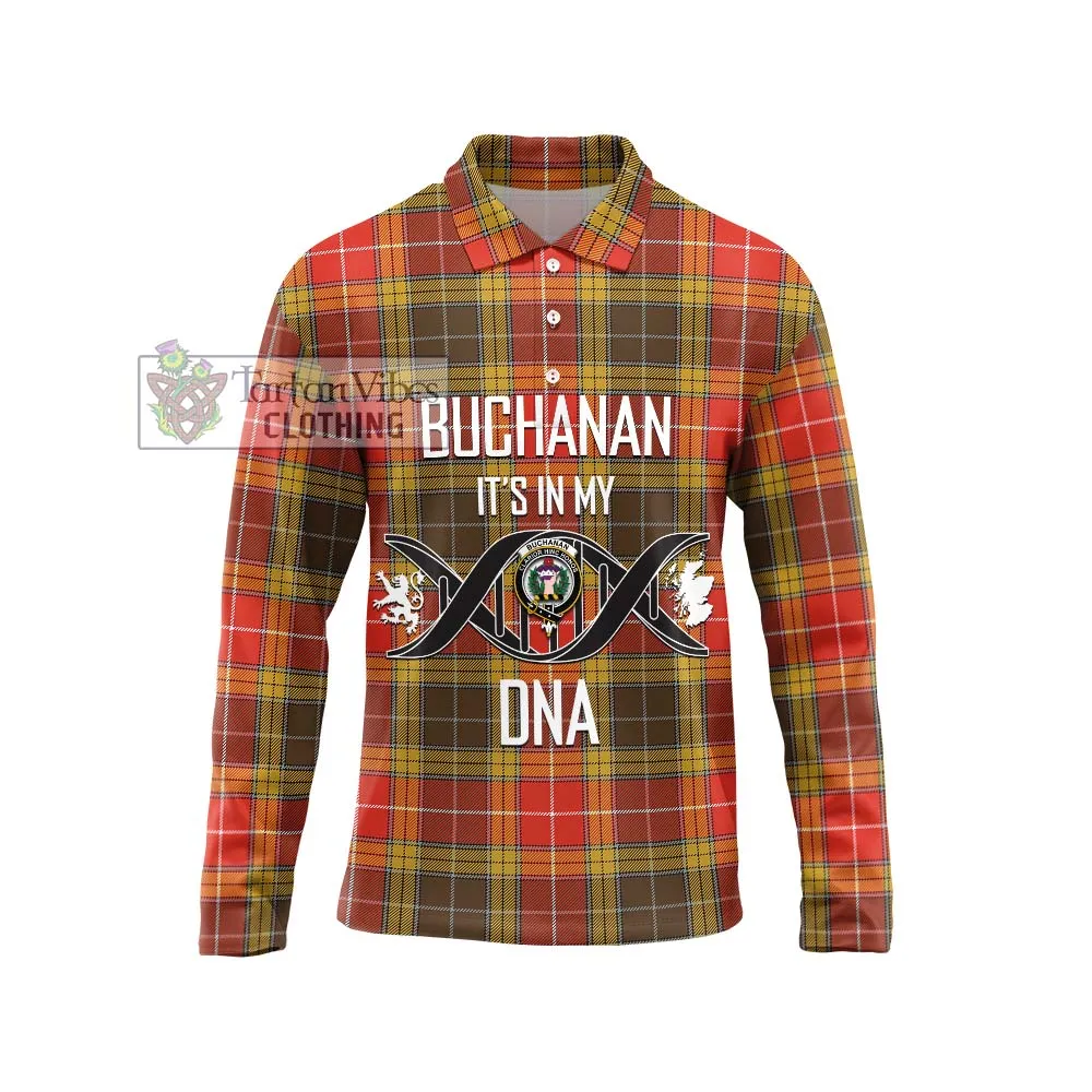 Buchanan Old Set Weathered Tartan Long Sleeve Polo Shirt with Family Crest DNA In Me Style