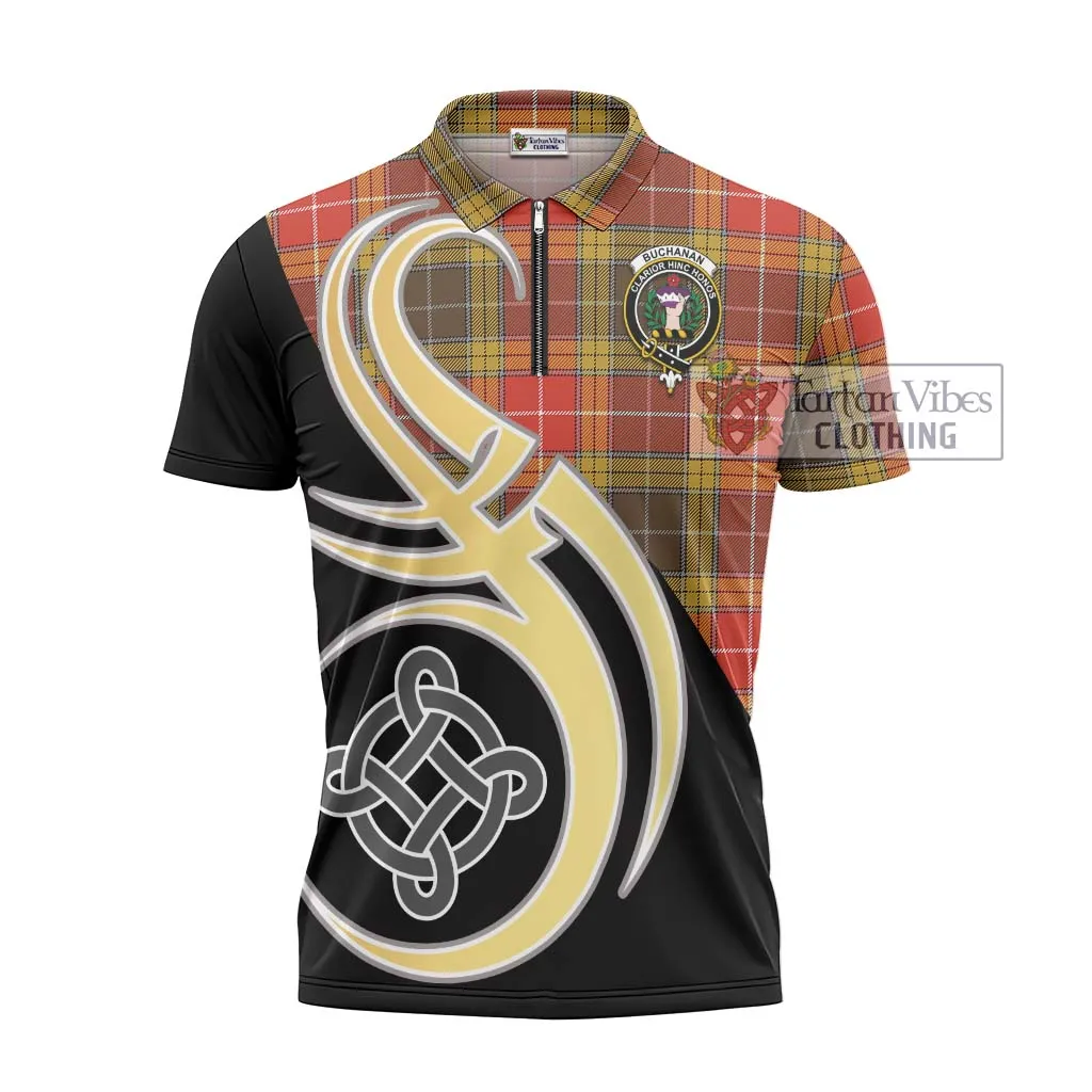 Buchanan Old Set Weathered Tartan Zipper Polo Shirt with Family Crest and Celtic Symbol Style