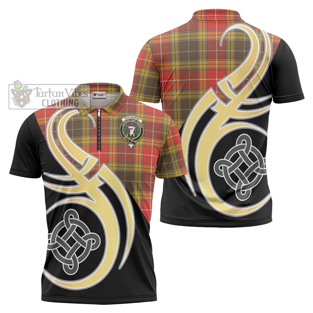 Buchanan Old Set Weathered Tartan Zipper Polo Shirt with Family Crest and Celtic Symbol Style