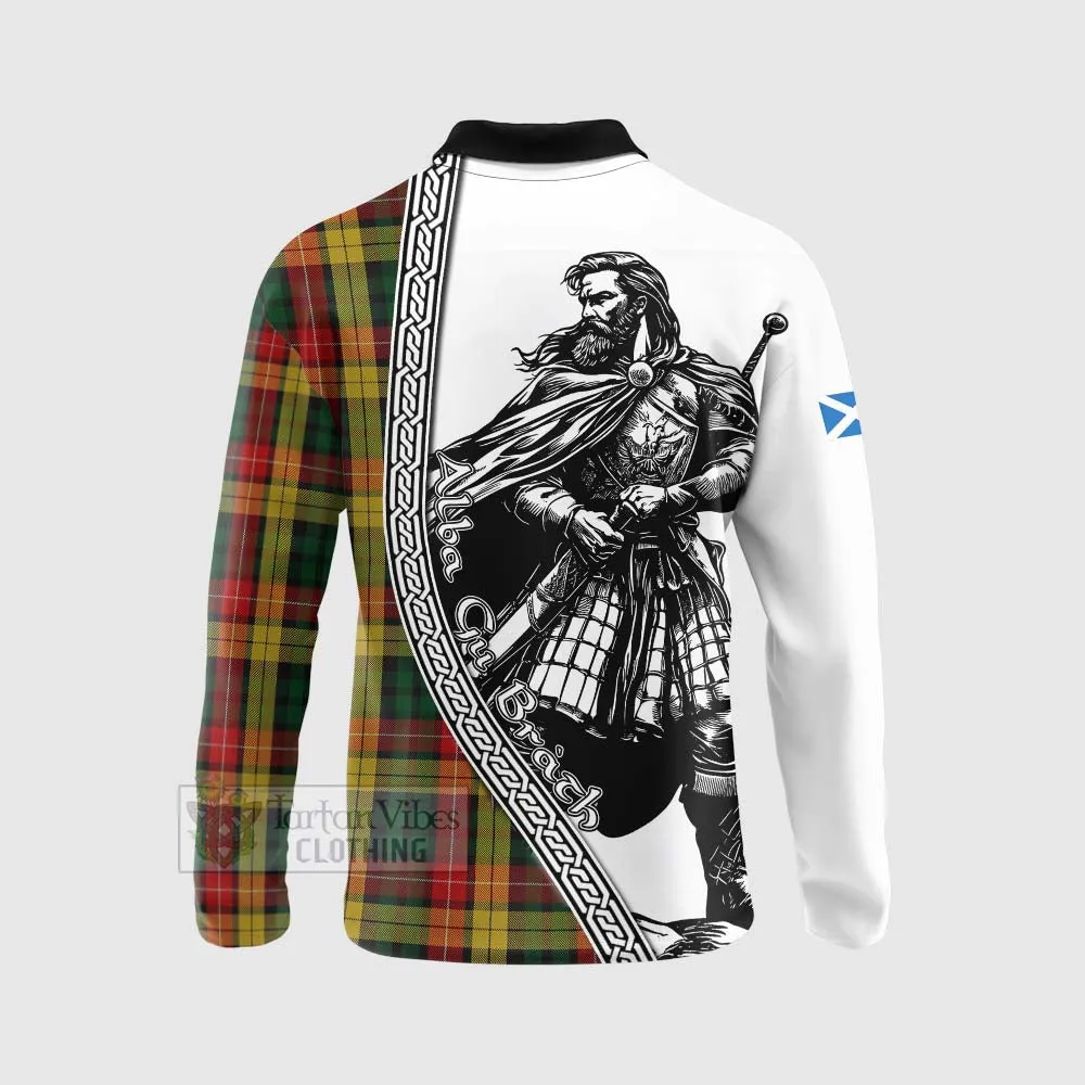 Buchanan Tartan Clan Crest Long Sleeve Polo Shirt with Highlander Warrior Celtic Style