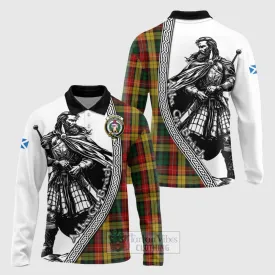 Buchanan Tartan Clan Crest Long Sleeve Polo Shirt with Highlander Warrior Celtic Style