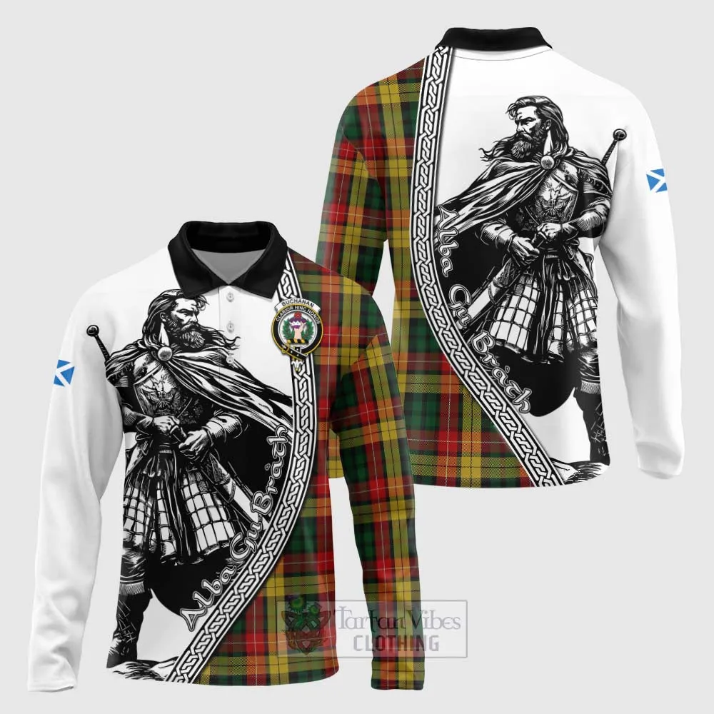 Buchanan Tartan Clan Crest Long Sleeve Polo Shirt with Highlander Warrior Celtic Style