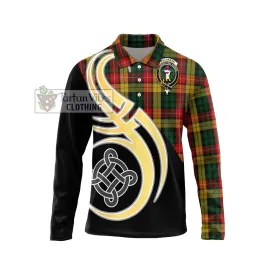 Buchanan Tartan Long Sleeve Polo Shirt with Family Crest and Celtic Symbol Style