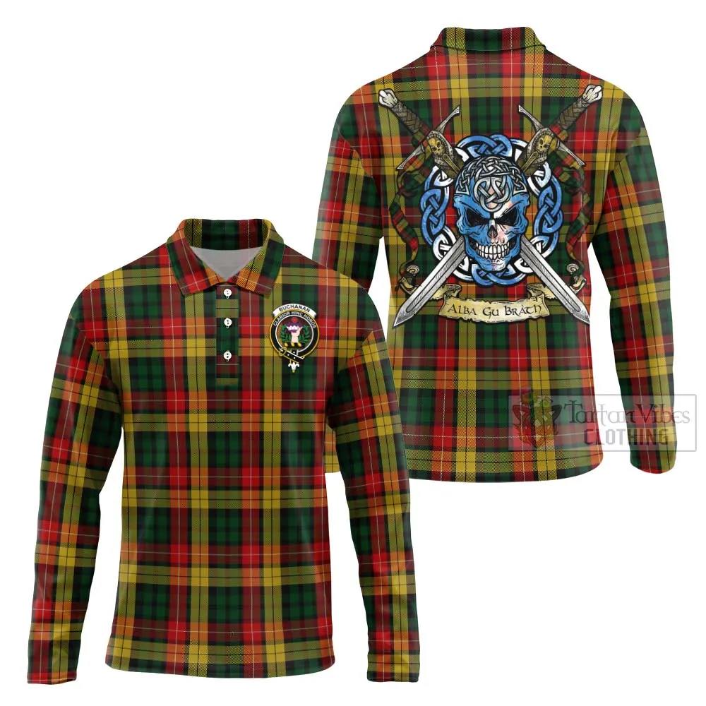 Buchanan Tartan Long Sleeve Polo Shirt with Family Crest Celtic Skull Style