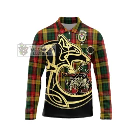 Buchanan Tartan Long Sleeve Polo Shirt with Family Crest Celtic Wolf Style