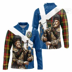 Buchanan Tartan Long Sleeve Polo Shirt with Family Crest Scottish Bagpiper Vibes