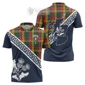 Buchanan Tartan Zipper Polo Shirt Featuring Thistle and Scotland Map