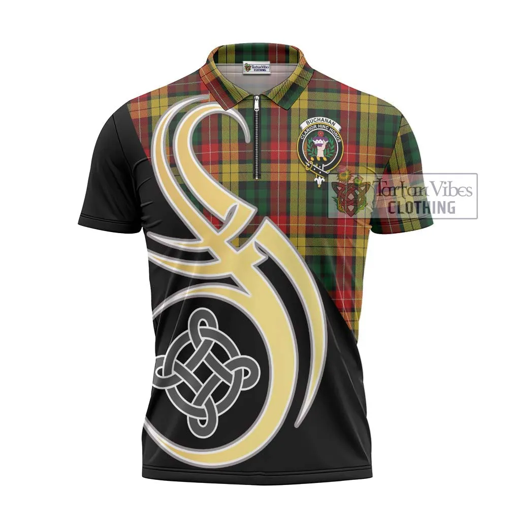 Buchanan Tartan Zipper Polo Shirt with Family Crest and Celtic Symbol Style