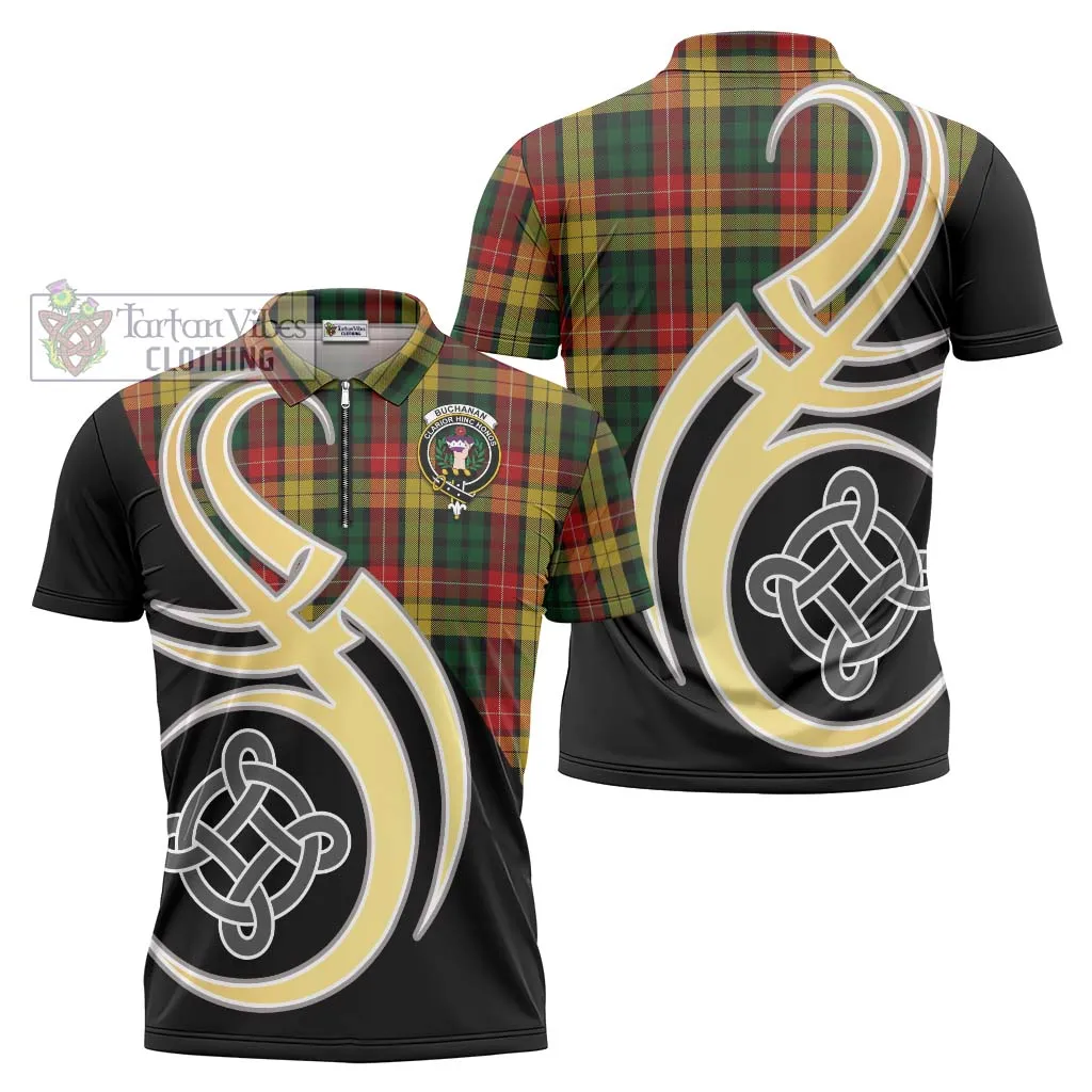 Buchanan Tartan Zipper Polo Shirt with Family Crest and Celtic Symbol Style