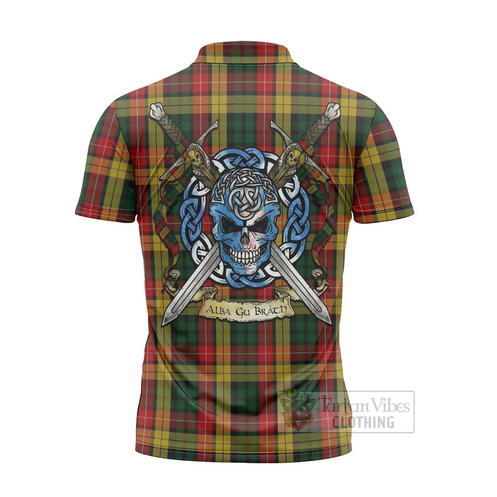 Buchanan Tartan Zipper Polo Shirt with Family Crest Celtic Skull Style