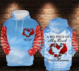 Cardinal Roses Heart A Big Piece Of My Heart Lives In Heaven, Personalized All Over Print Hoodie