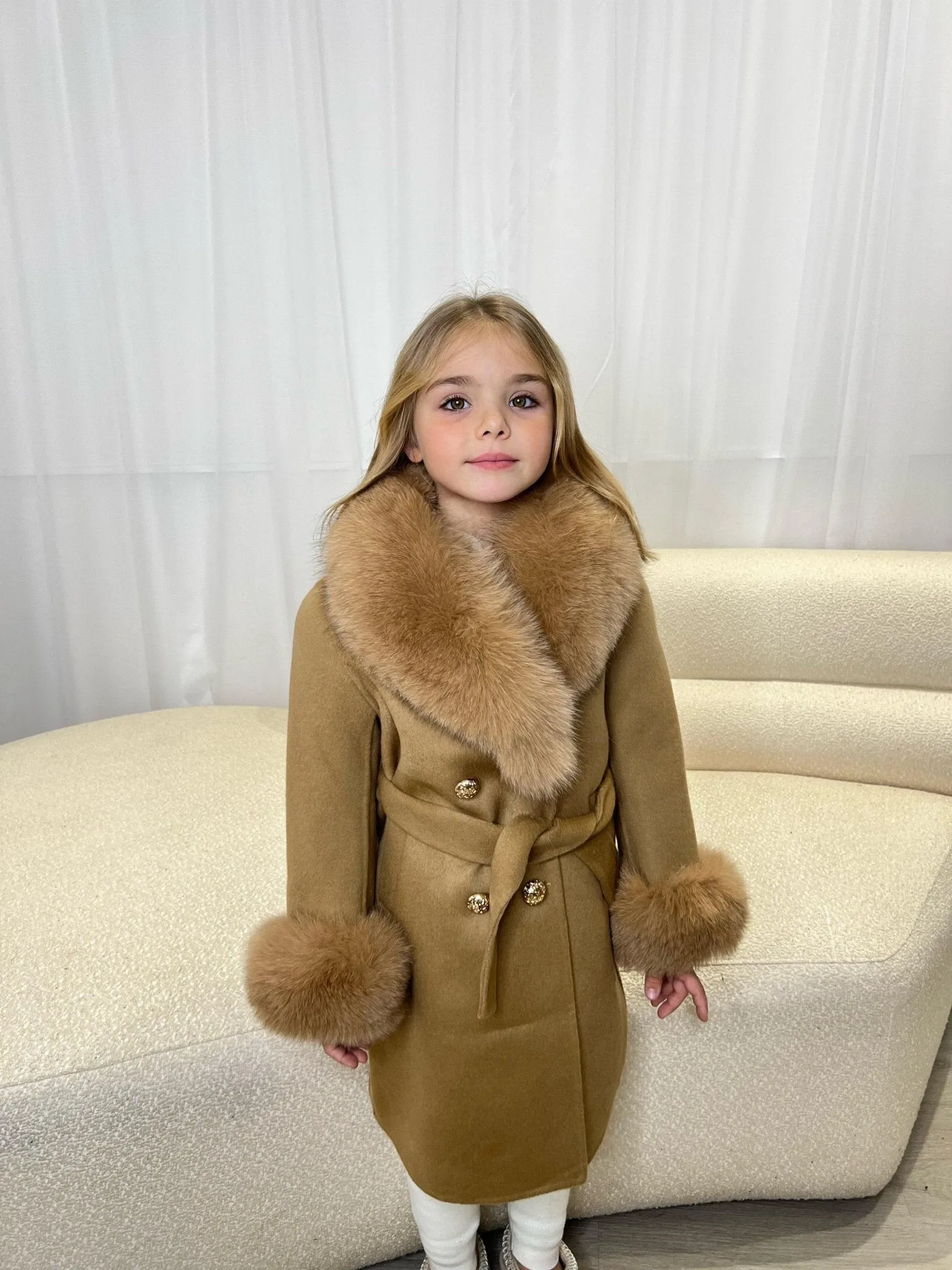 Childrens Camel Luxury Fur Cashmere Coat