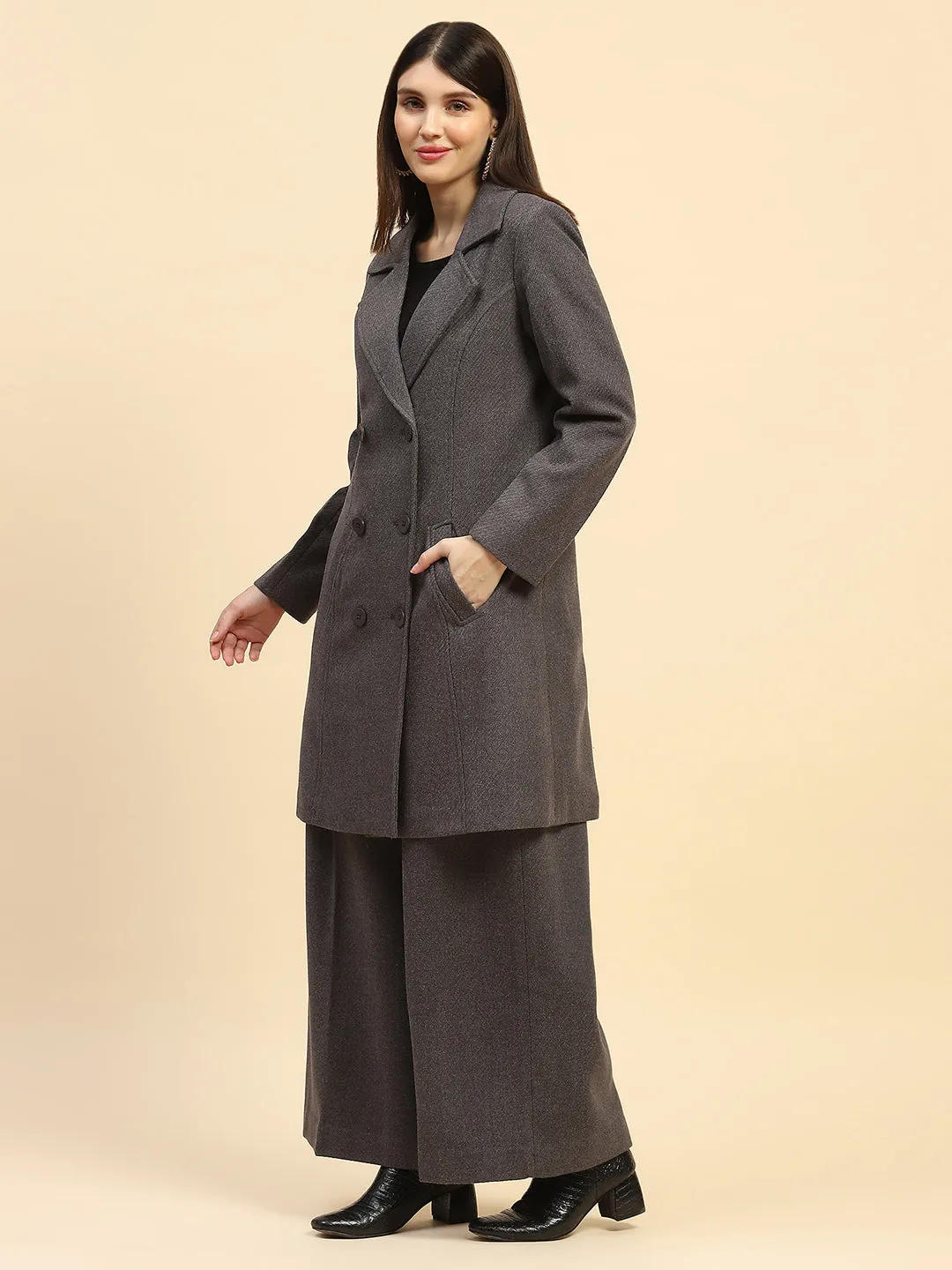 Dark Grey Solid Poly Viscose Relaxed Fit Coat With Trouser Winter Set