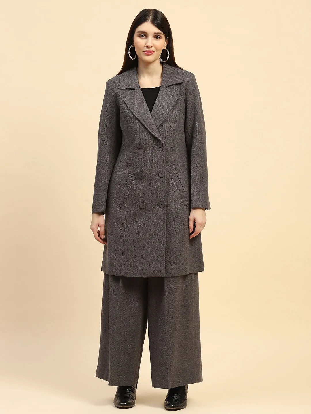 Dark Grey Solid Poly Viscose Relaxed Fit Coat With Trouser Winter Set