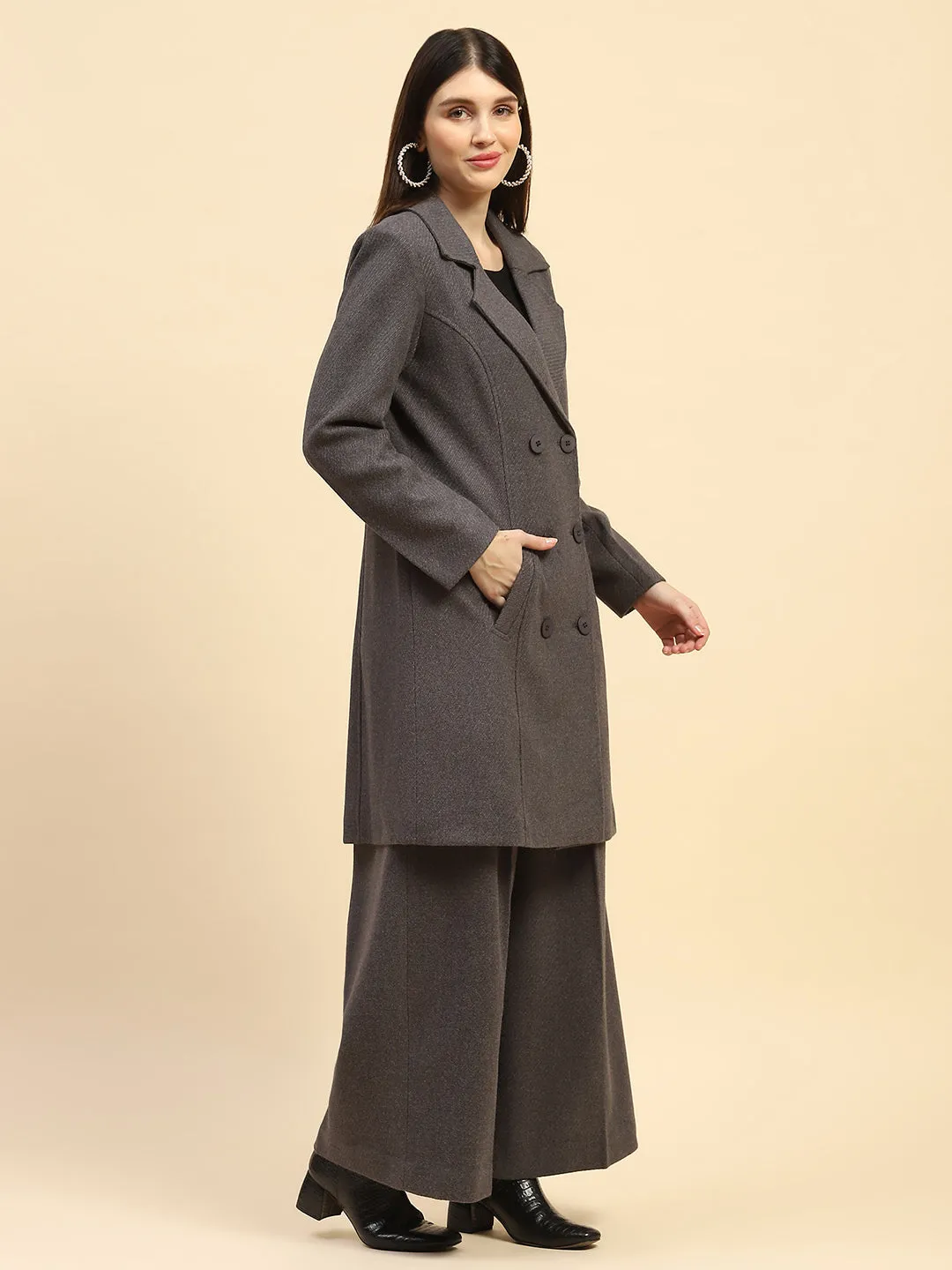 Dark Grey Solid Poly Viscose Relaxed Fit Coat With Trouser Winter Set