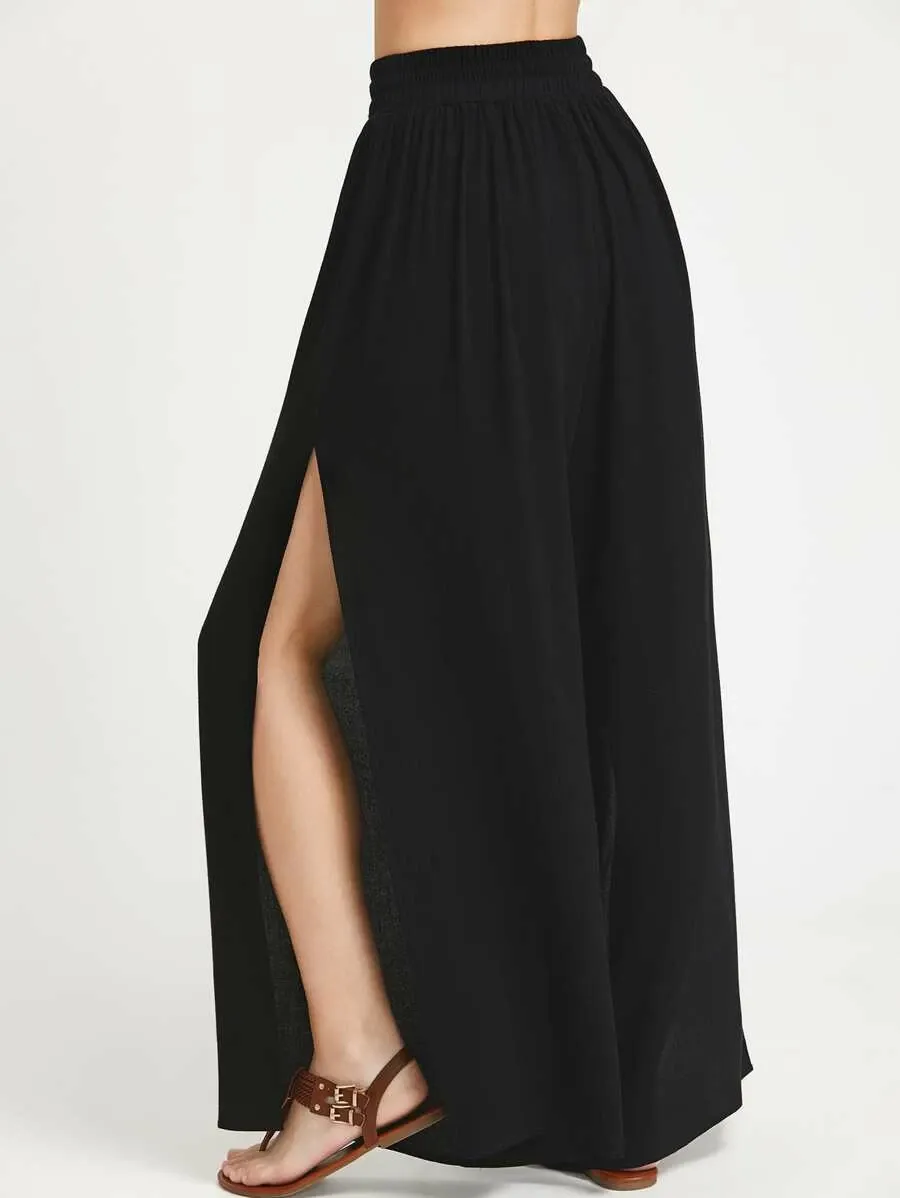 Drawstring Waistband Side Slit Palazzo Pants