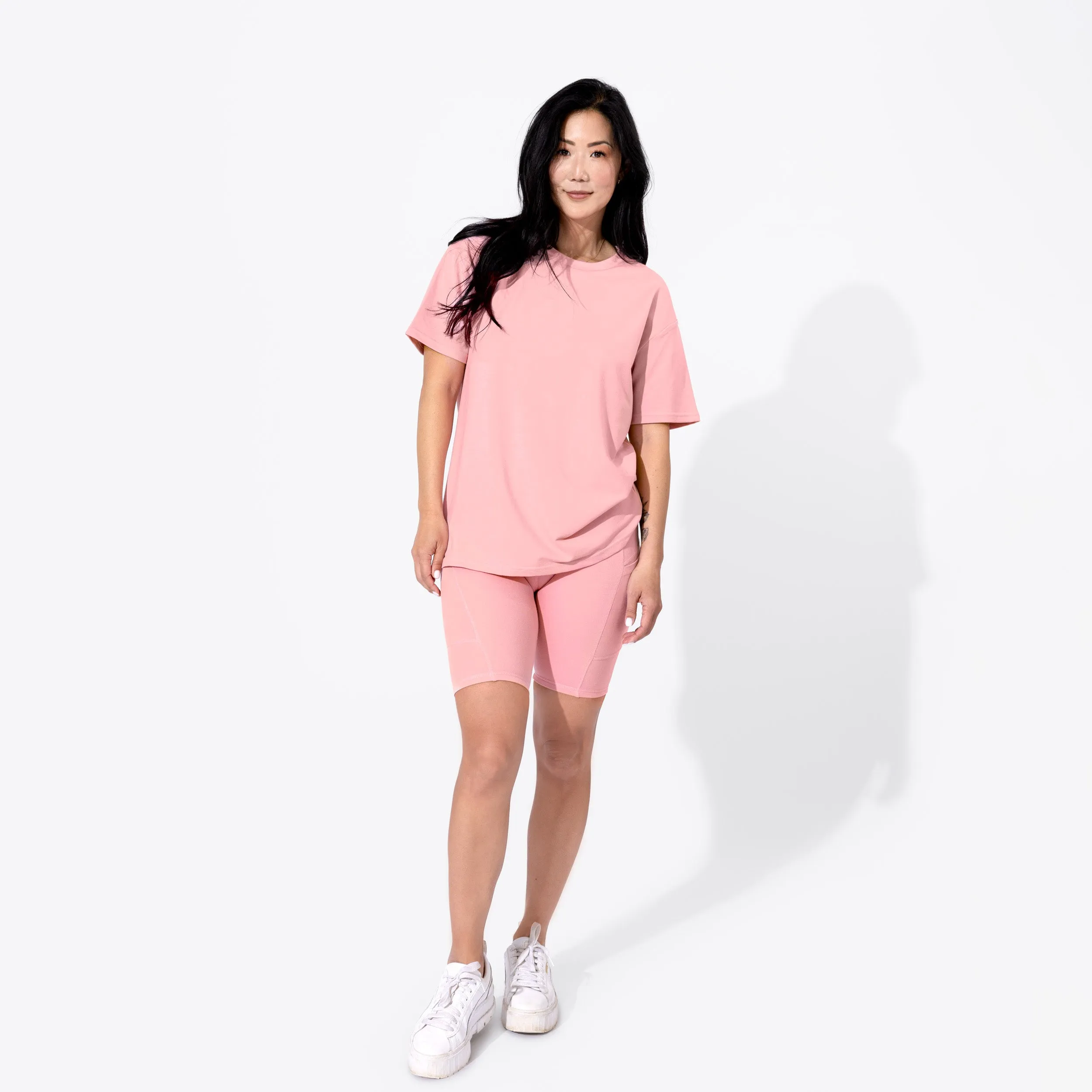 Dusty Rose Bamboo Blend Women's Oversized Tee & Biker Shorts Set