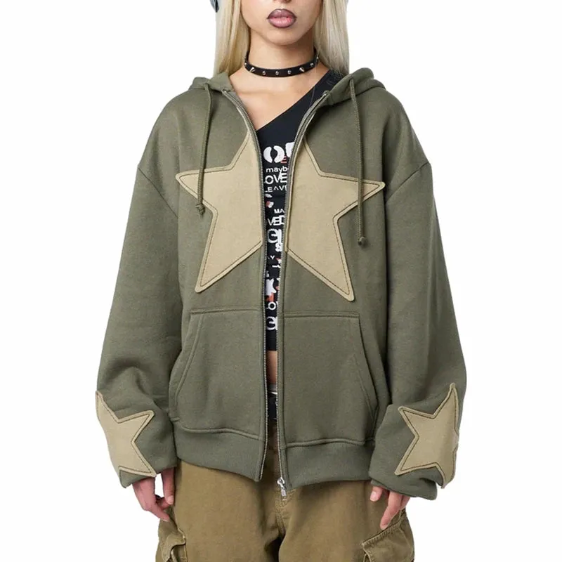 Flytonn-Women Autumn Casual Hooded Coat Cyber Grunge Star Print Zip Up Drawstring Hoodie Vintage Long Sleeve Baggy Sweatshirt Streetwear