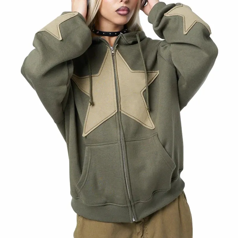 Flytonn-Women Autumn Casual Hooded Coat Cyber Grunge Star Print Zip Up Drawstring Hoodie Vintage Long Sleeve Baggy Sweatshirt Streetwear