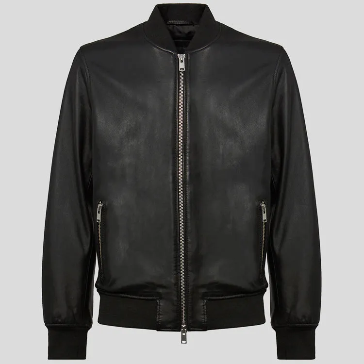 Genuine Leather Bomber Jacket Black