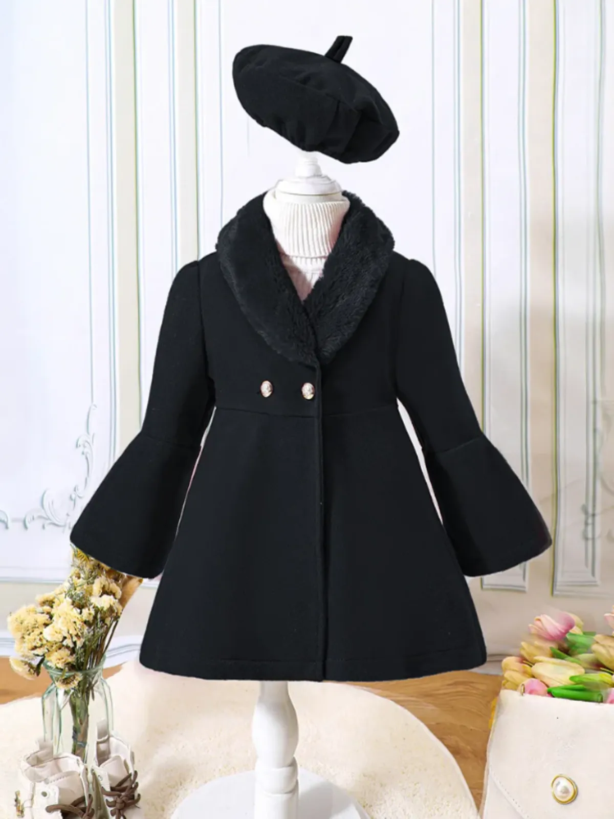 Girls Elegant Winter Coat with Faux Fur Collar and Beret Set