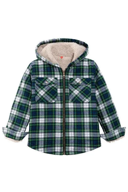 Girls Sherpa Lined Full Zip Plaid Flannel Shirt,Hooded Flannel Jacket