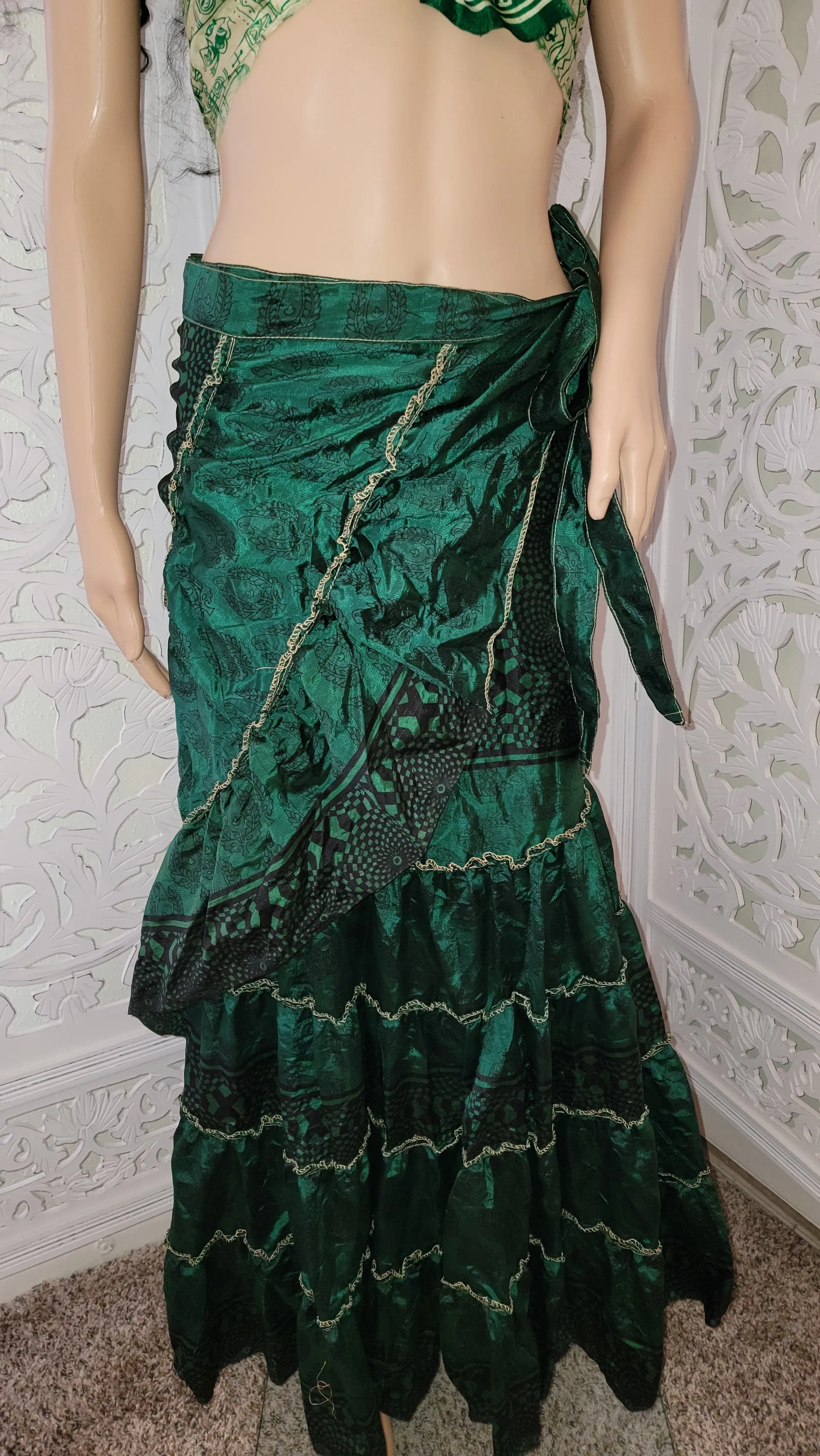 Green Silk Boho Wrap Maxi Skirt/Dress