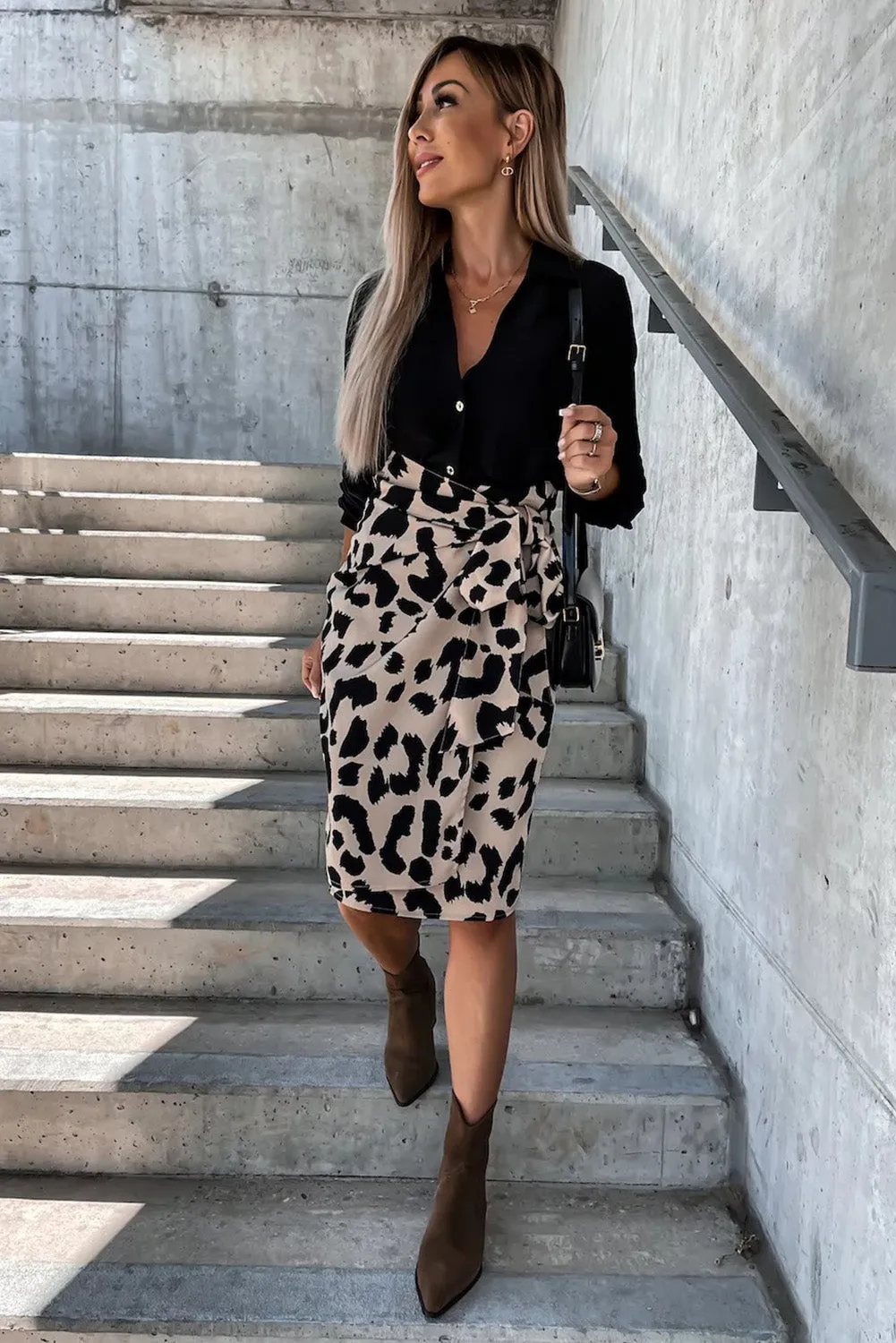 High waist leopard wrap skirt with tie