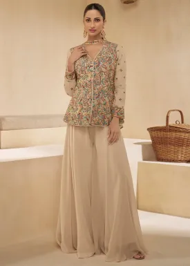 Light Brown Pure Georgette Floral Embroidered Designer Top Palazzo Suit