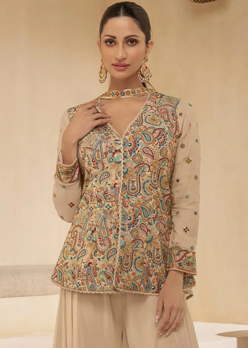 Light Brown Pure Georgette Floral Embroidered Designer Top Palazzo Suit