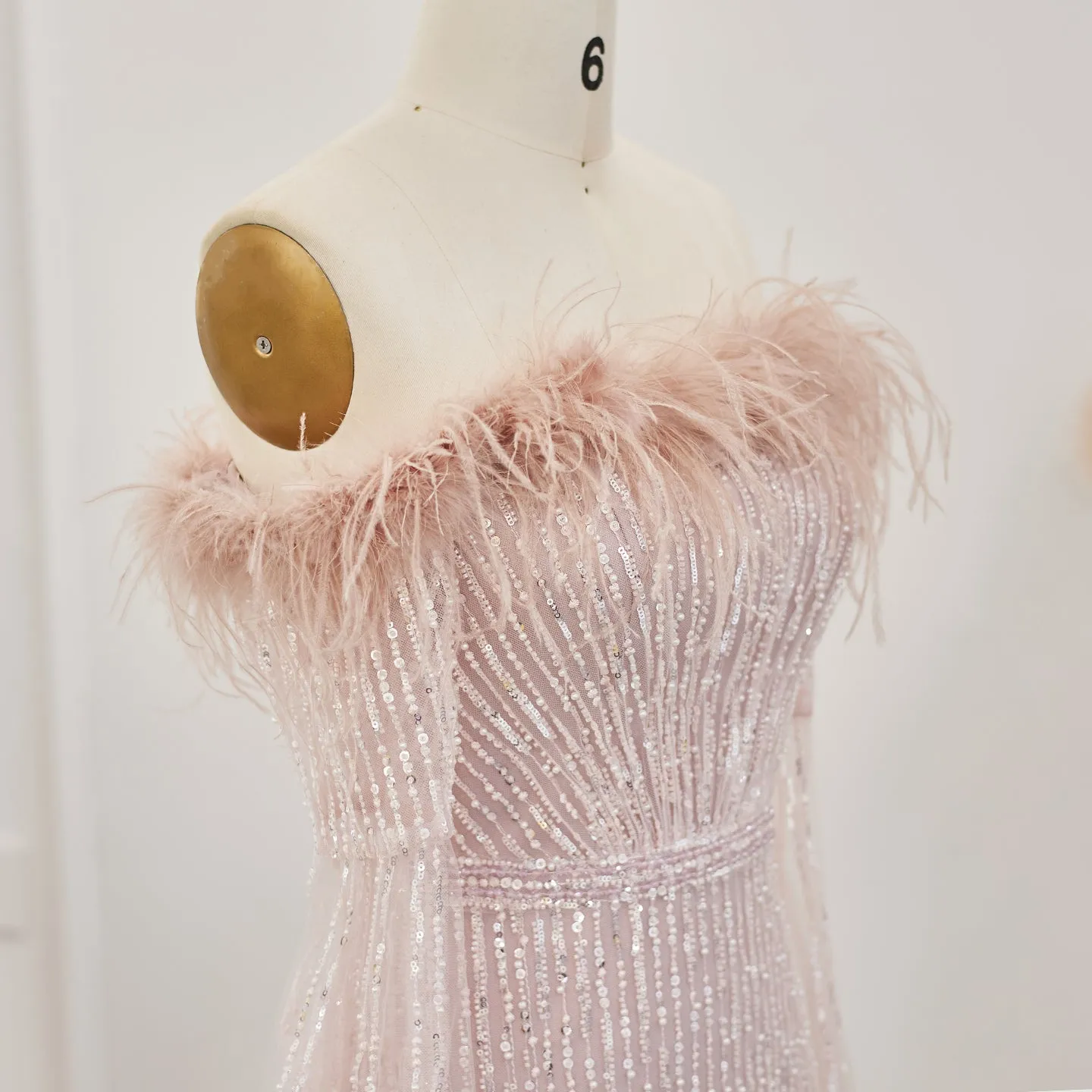 Luxury Feathers Pink Evening Dress with Cape Sleeves  SS215