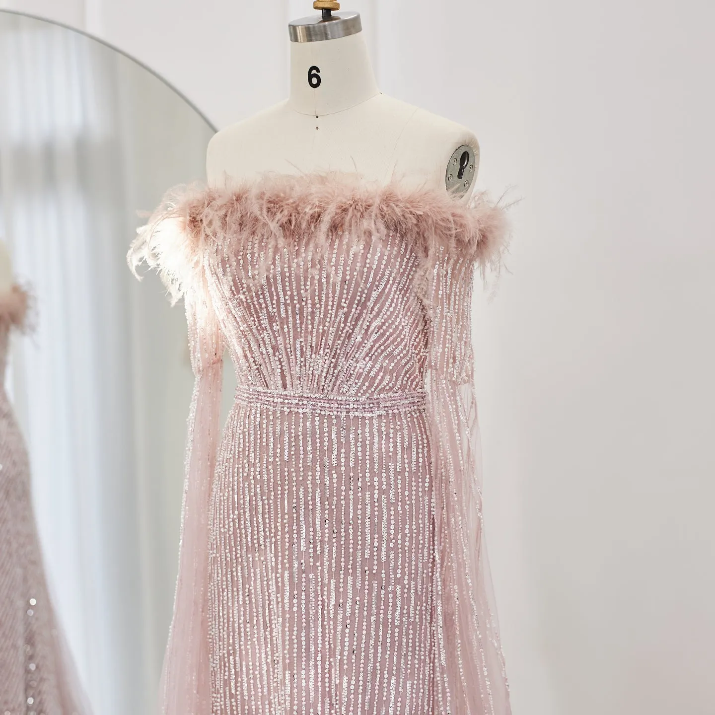 Luxury Feathers Pink Evening Dress with Cape Sleeves  SS215